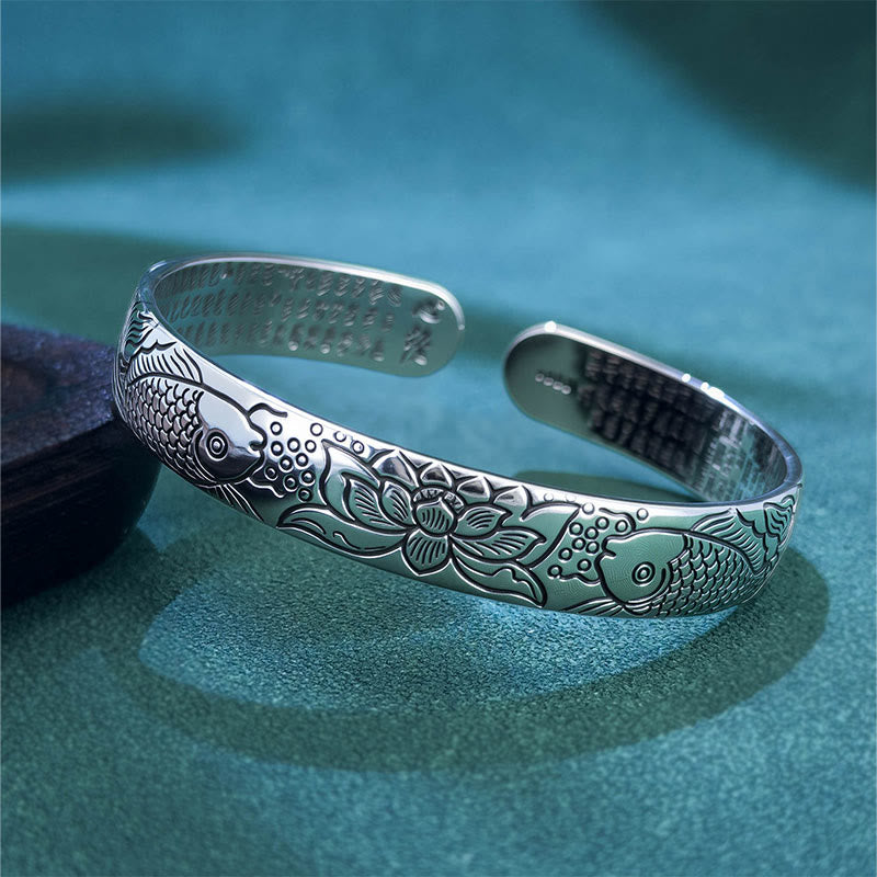Buddha Stones ​​Herz Sutra Koi Fisch Lotus Kupfer Reichtum Offenes verstellbares Armband Armreif - Koi-Fisch & Lotus - image 0