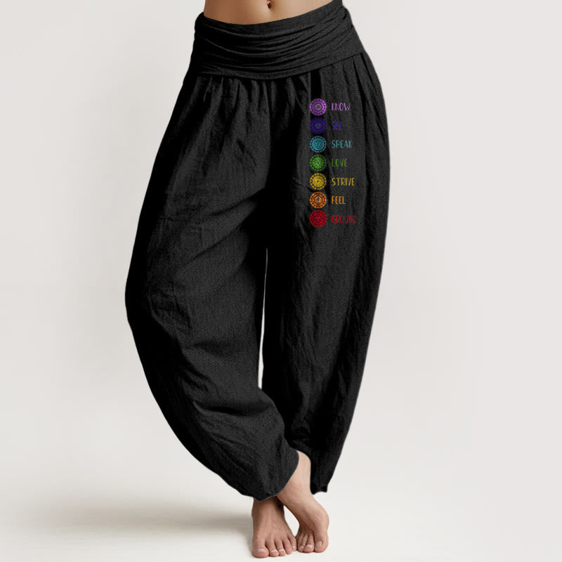Buddha Stones Sieben Chakren Druckmuster Damen Haremshose aus reiner Baumwolle mit elastischer Taille - Schwarz - US22， UK/AU26，EU54 (6XL) - image 0