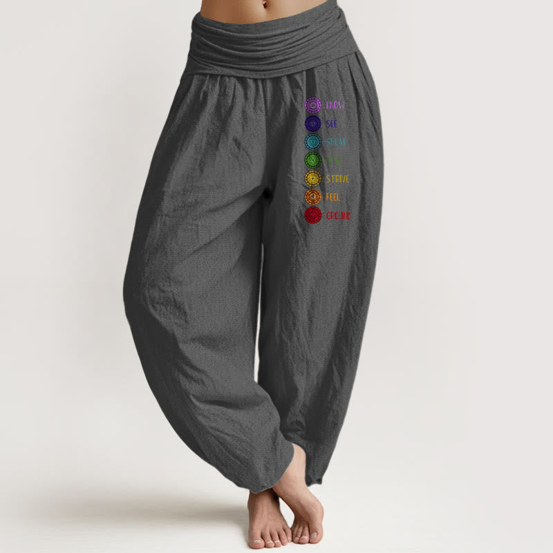 Buddha Stones Sieben Chakren Druckmuster Damen Haremshose aus reiner Baumwolle mit elastischer Taille - Grau - US22， UK/AU26，EU54 (6XL) - image 8