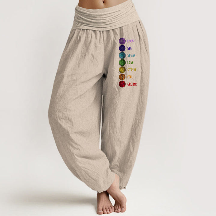 Buddha Stones Sieben Chakren Druckmuster Damen Haremshose aus reiner Baumwolle mit elastischer Taille - Bräunen - US22, UK/AU26, EU54 (6XL) - image 11