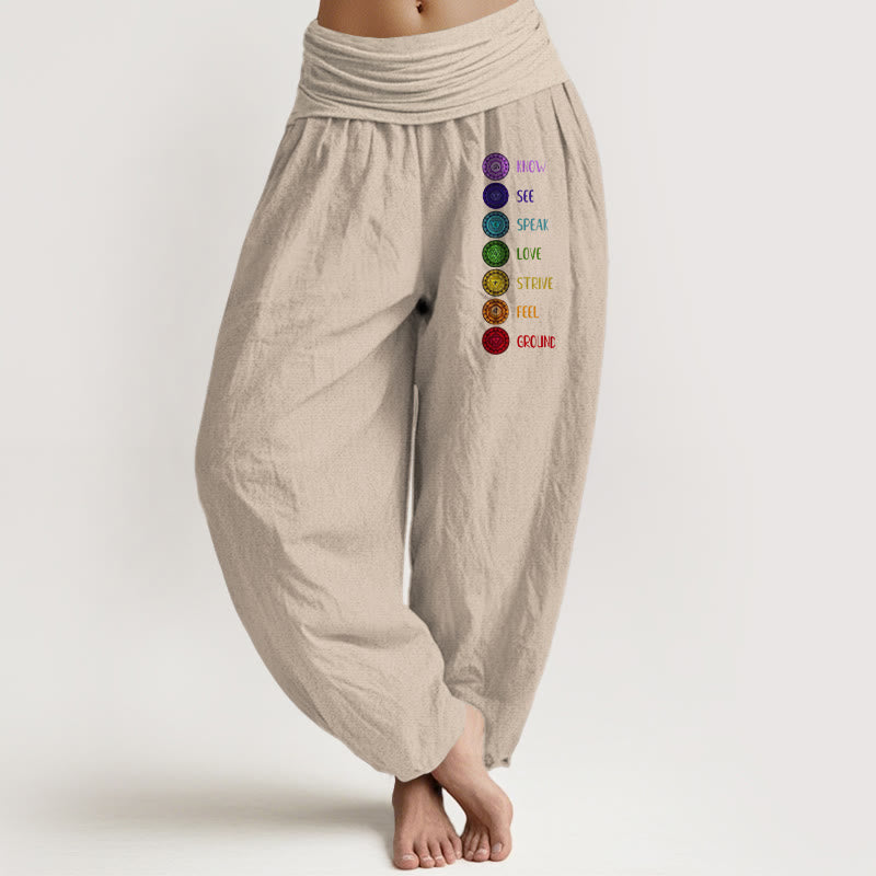 Buddha Stones Sieben Chakren Druckmuster Damen Haremshose aus reiner Baumwolle mit elastischer Taille - Bräunen - US22, UK/AU26, EU54 (6XL) - image 11