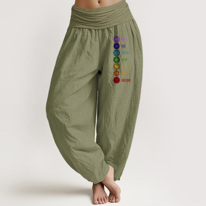 Buddha Stones Sieben Chakren Druckmuster Damen Haremshose aus reiner Baumwolle mit elastischer Taille - Olivgrün - US22, UK/AU26, EU54 (6XL) - image 14
