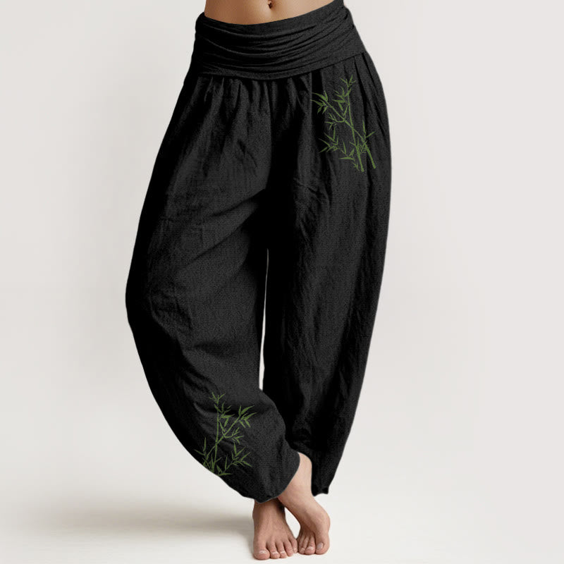 Buddha Stones Grünes Bambus-Druckmuster Damen Haremshose aus reiner Baumwolle mit elastischer Taille - Schwarz - US22， UK/AU26，EU54 (6XL) - image 0