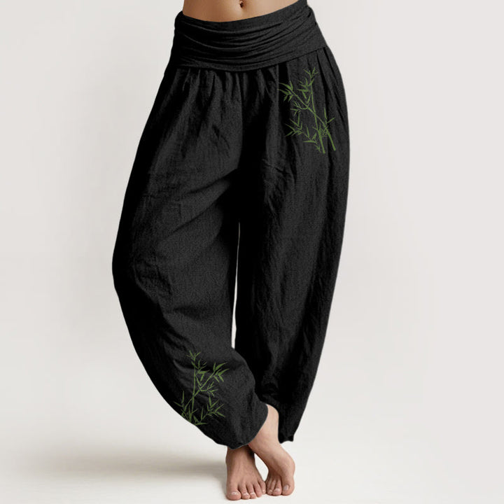 Buddha Stones Grünes Bambus-Druckmuster Damen Haremshose aus reiner Baumwolle mit elastischer Taille - Schwarz - US22， UK/AU26，EU54 (6XL) - image 0