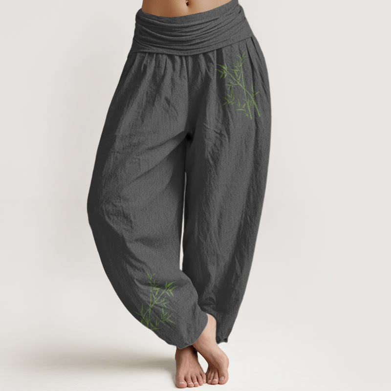 Buddha Stones Grünes Bambus-Druckmuster Damen Haremshose aus reiner Baumwolle mit elastischer Taille - Grau - US22， UK/AU26，EU54 (6XL) - image 8