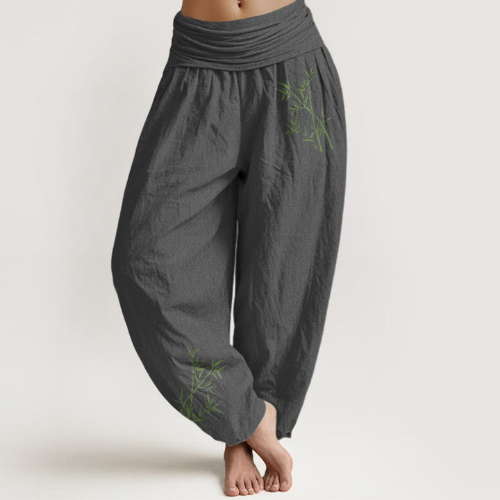 Buddha Stones Grünes Bambus-Druckmuster Damen Haremshose aus reiner Baumwolle mit elastischer Taille - Grau - US22， UK/AU26，EU54 (6XL) - image 8