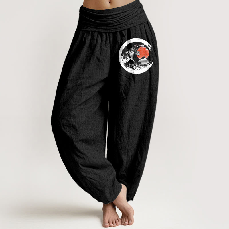Buddha Stones Wave Sun Mountains Muster Damen Haremshose aus reiner Baumwolle mit elastischer Taille - Schwarz - US22， UK/AU26，EU54 (6XL) - image 0