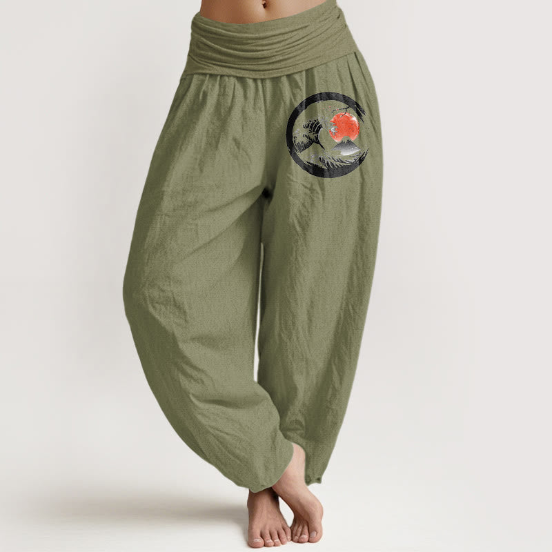 Buddha Stones Wave Sun Mountains Muster Damen Haremshose aus reiner Baumwolle mit elastischer Taille - Olivgrün - US22， UK/AU26，EU54 (6XL) - image 14