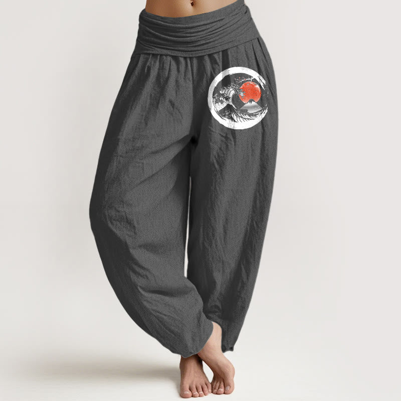 Buddha Stones Wave Sun Mountains Muster Damen Haremshose aus reiner Baumwolle mit elastischer Taille - Grau - US22， UK/AU26，EU54 (6XL) - image 8