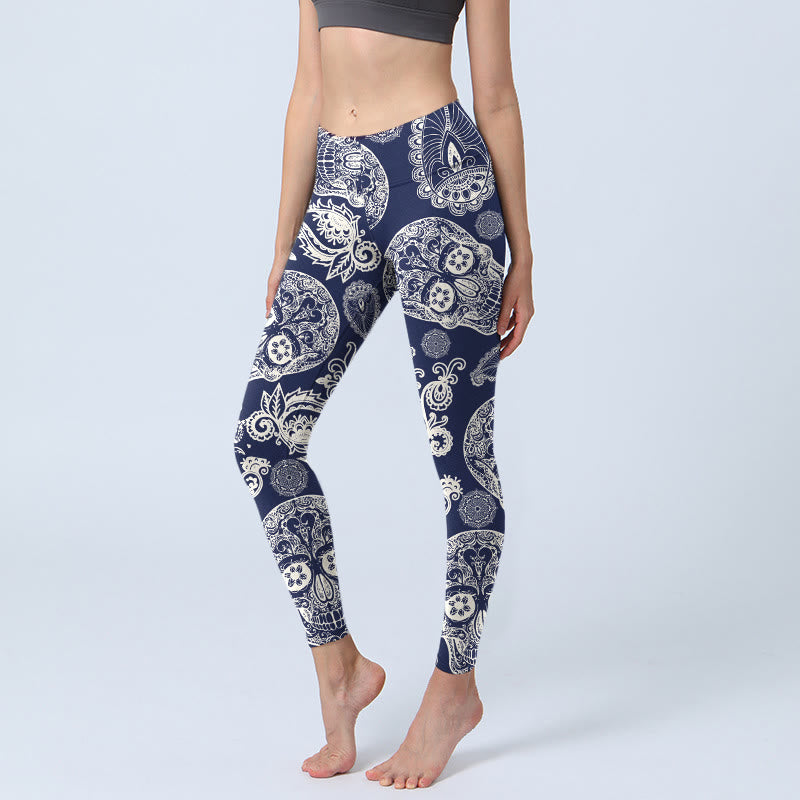 Buddha Stones Paisley Pflanzenschädel Muster Gym Leggings Damen Yogahose - Marine - US18， UK/AU22，EU50 (4XL) - image 0