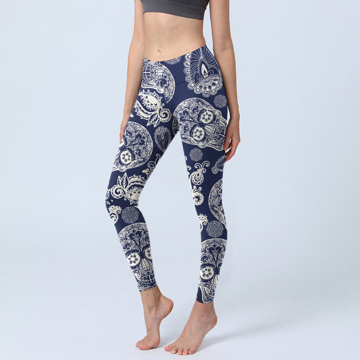 Buddha Stones Paisley Pflanzenschädel Muster Gym Leggings Damen Yogahose - Marine - US18， UK/AU22，EU50 (4XL) - image 0