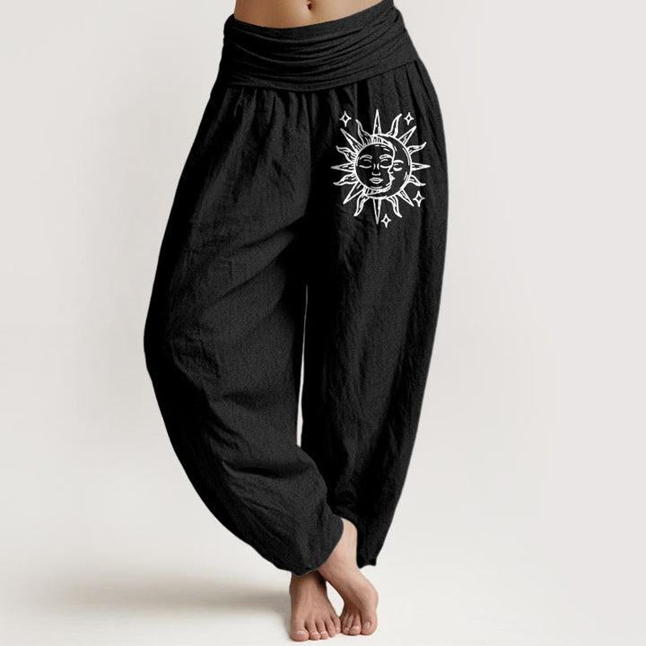 Buddha Stones Sun Moon Pattern Damen Haremshose aus reiner Baumwolle mit elastischer Taille - Schwarz - US22， UK/AU26，EU54 (6XL) - image 0
