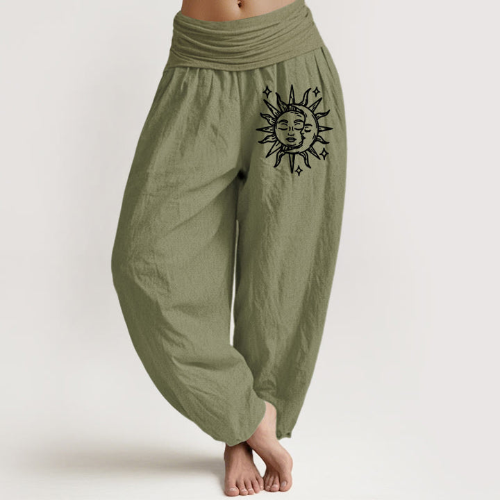 Buddha Stones Sun Moon Pattern Damen Haremshose aus reiner Baumwolle mit elastischer Taille - Olivgrün - US22, UK/AU26, EU54 (6XL) - image 14