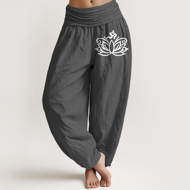 Buddha Stones, Lotusblume, Om-Symbol-Muster, Damen-Haremshose aus reiner Baumwolle mit elastischer Taille - Grau - US22, UK/AU26, EU54 (6XL) - image 8