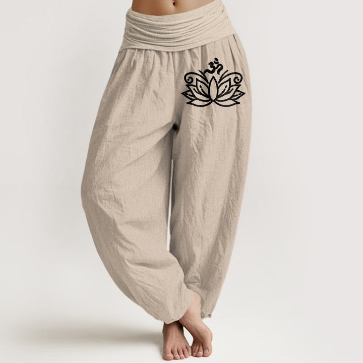 Buddha Stones, Lotusblume, Om-Symbol-Muster, Damen-Haremshose aus reiner Baumwolle mit elastischer Taille - Bräunen - US22, UK/AU26, EU54 (6XL) - image 11