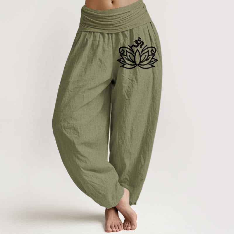 Buddha Stones, Lotusblume, Om-Symbol-Muster, Damen-Haremshose aus reiner Baumwolle mit elastischer Taille - Olivgrün - US22, UK/AU26, EU54 (6XL) - image 14