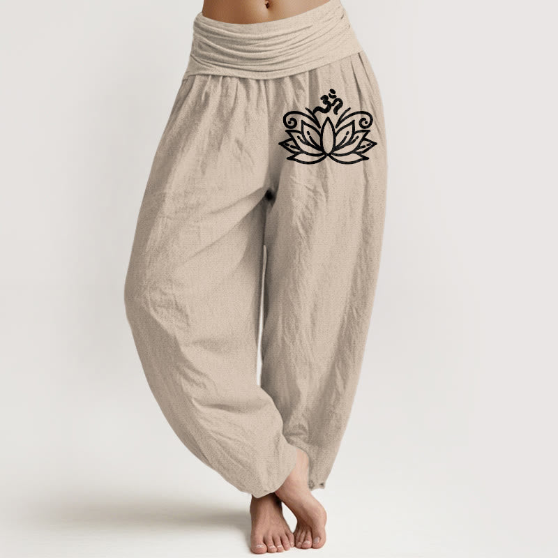 Buddha Stones, Lotusblume, Om-Symbol-Muster, Damen-Haremshose aus reiner Baumwolle mit elastischer Taille - Bräunen - US22， UK/AU26，EU54 (6XL) - image 11