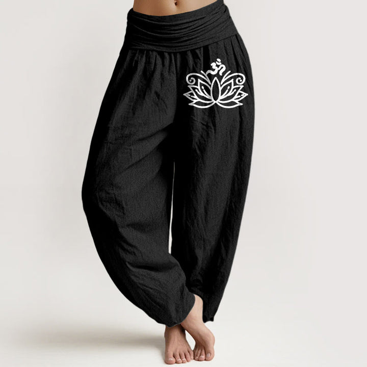 Buddha Stones, Lotusblume, Om-Symbol-Muster, Damen-Haremshose aus reiner Baumwolle mit elastischer Taille - Schwarz - US22， UK/AU26，EU54 (6XL) - image 0