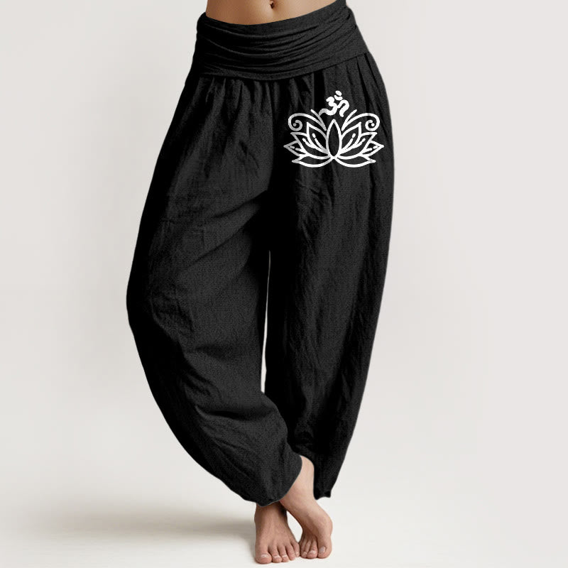 Buddha Stones, Lotusblume, Om-Symbol-Muster, Damen-Haremshose aus reiner Baumwolle mit elastischer Taille - Schwarz - US22, UK/AU26, EU54 (6XL) - image 0
