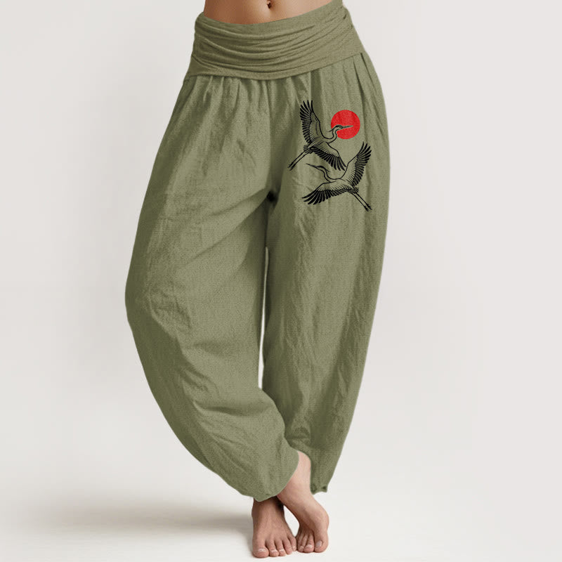 Buddha Stones Red Sun Cranes Pattern Damen Haremshose aus reiner Baumwolle mit elastischer Taille - Olivgrün - US22, UK/AU26, EU54 (6XL) - image 14