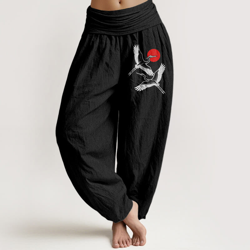 Buddha Stones Red Sun Cranes Pattern Damen Haremshose aus reiner Baumwolle mit elastischer Taille - Schwarz - US22, UK/AU26, EU54 (6XL) - image 0