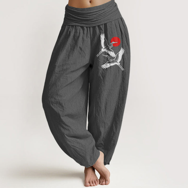 Buddha Stones Red Sun Cranes Pattern Damen Haremshose aus reiner Baumwolle mit elastischer Taille - Grau - US22, UK/AU26, EU54 (6XL) - image 8