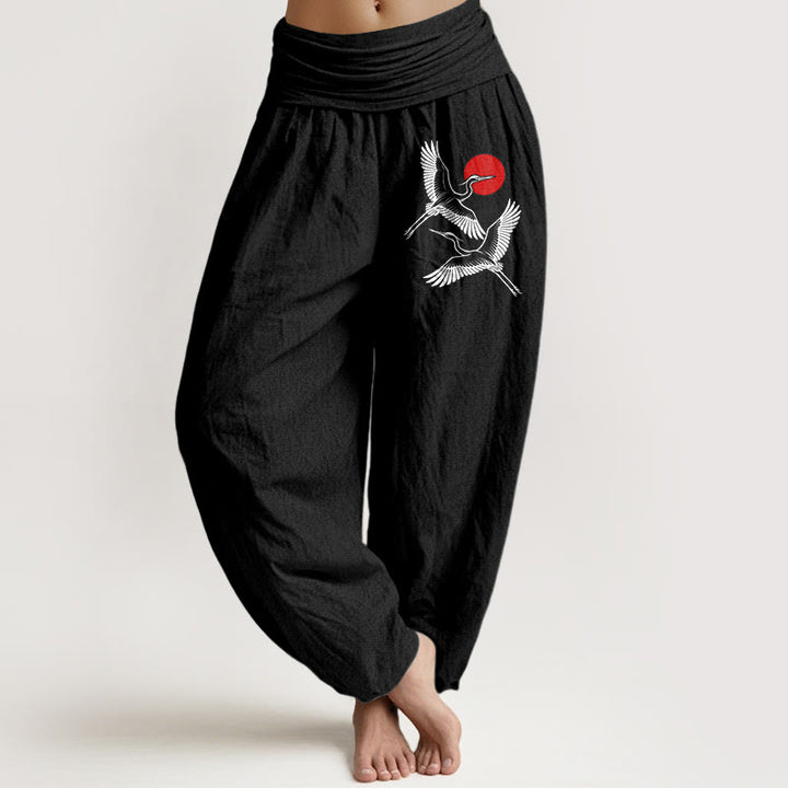 Buddha Stones Red Sun Cranes Pattern Damen Haremshose aus reiner Baumwolle mit elastischer Taille - Schwarz - US22, UK/AU26, EU54 (6XL) - image 0