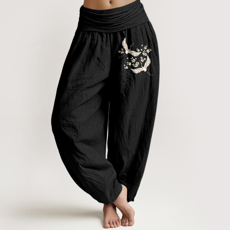 Buddha Stones, Kraniche, Blumen-Muster, reine Baumwolle, Damen-Haremshose mit elastischer Taille - Schwarz - US22， UK/AU26，EU54 (6XL) - image 0