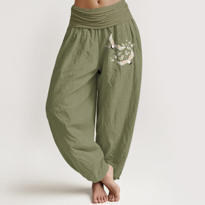 Buddha Stones, Kraniche, Blumen-Muster, reine Baumwolle, Damen-Haremshose mit elastischer Taille - Olivgrün - US22， UK/AU26，EU54 (6XL) - image 14