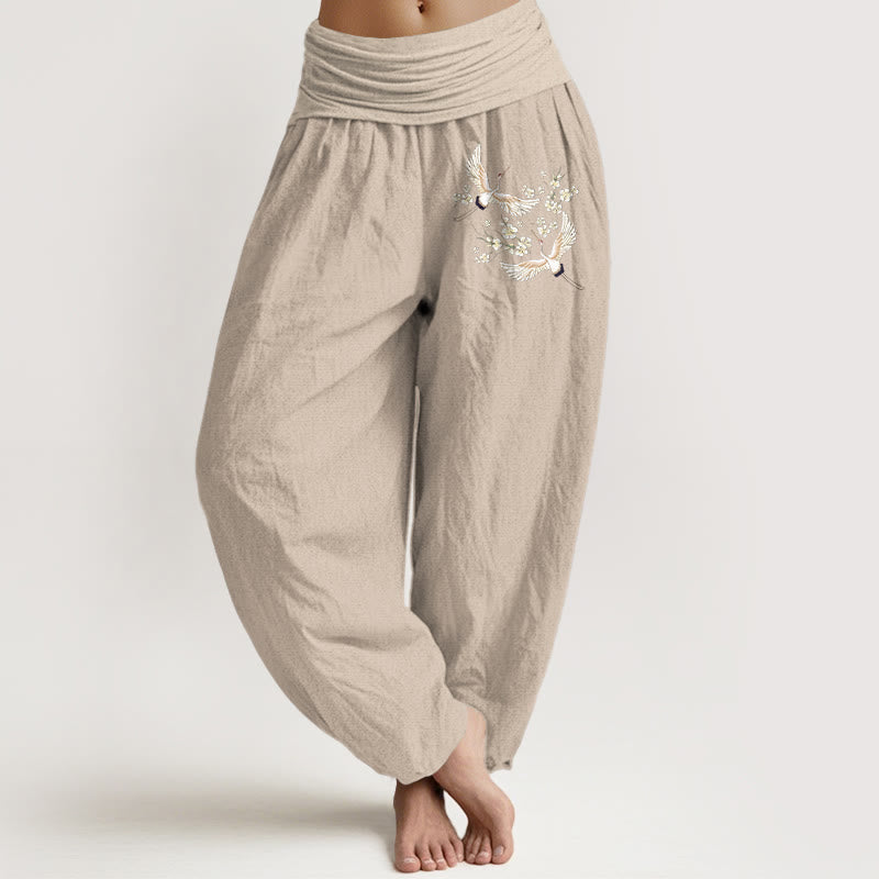 Buddha Stones, Kraniche, Blumen-Muster, reine Baumwolle, Damen-Haremshose mit elastischer Taille - Bräunen - US22, UK/AU26, EU54 (6XL) - image 11