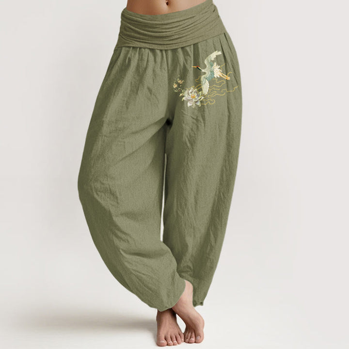 Haremshose für Damen mit Buddha Stones , Kranichen und Lotus-Muster aus reiner Baumwolle und elastischer Taille - Olivgrün - US22, UK/AU26, EU54 (6XL) - image 14
