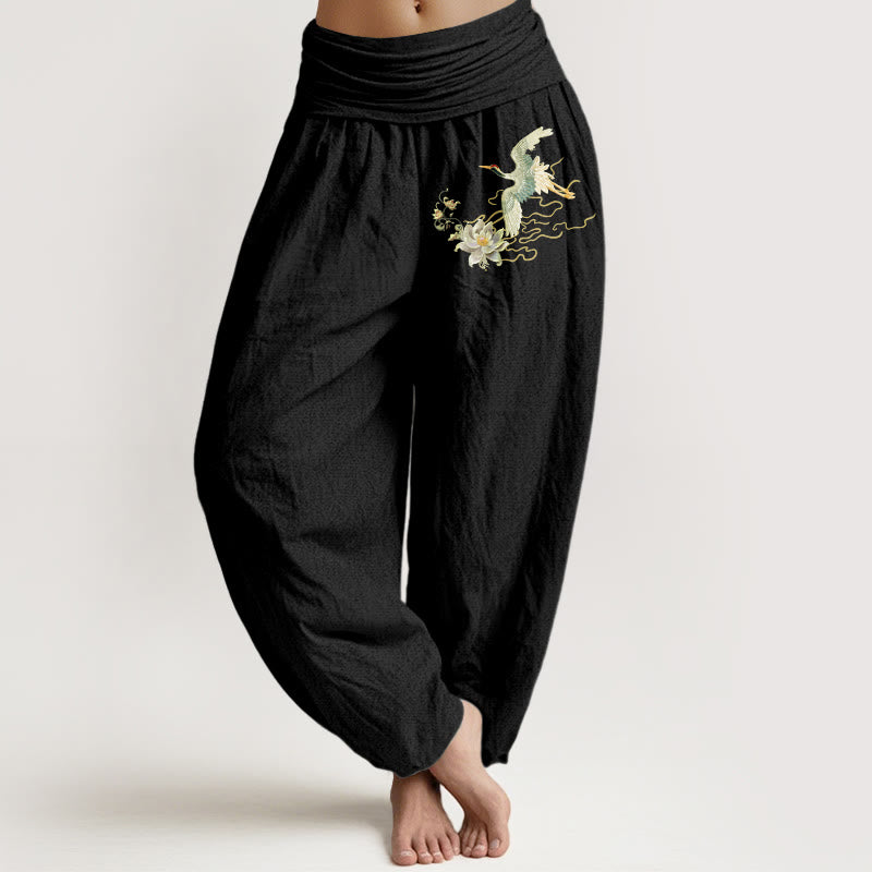 Haremshose für Damen mit Buddha Stones , Kranichen und Lotus-Muster aus reiner Baumwolle und elastischer Taille - Schwarz - US22, UK/AU26, EU54 (6XL) - image 0