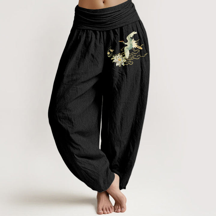 Haremshose für Damen mit Buddha Stones , Kranichen und Lotus-Muster aus reiner Baumwolle und elastischer Taille - Schwarz - US22， UK/AU26，EU54 (6XL) - image 0