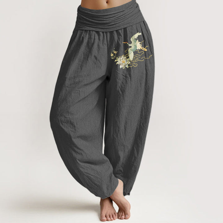 Haremshose für Damen mit Buddha Stones , Kranichen und Lotus-Muster aus reiner Baumwolle und elastischer Taille - Grau - US22, UK/AU26, EU54 (6XL) - image 8