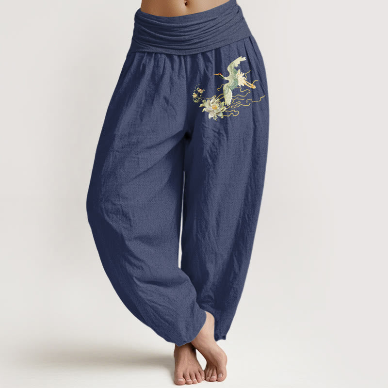Haremshose für Damen mit Buddha Stones , Kranichen und Lotus-Muster aus reiner Baumwolle und elastischer Taille - DunkelSchieferblau - US22， UK/AU26，EU54 (6XL) - image 5