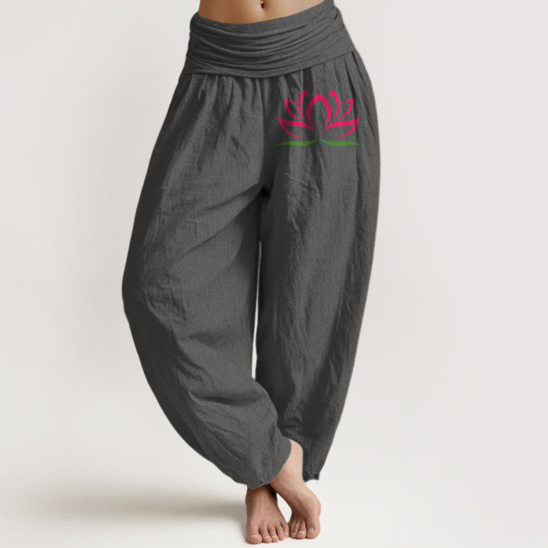 Buddha Stones Schlichtes Design Rosa Lotusmuster Reine Baumwolle Damen Haremshose mit elastischer Taille - Grau - US22， UK/AU26，EU54 (6XL) - image 8