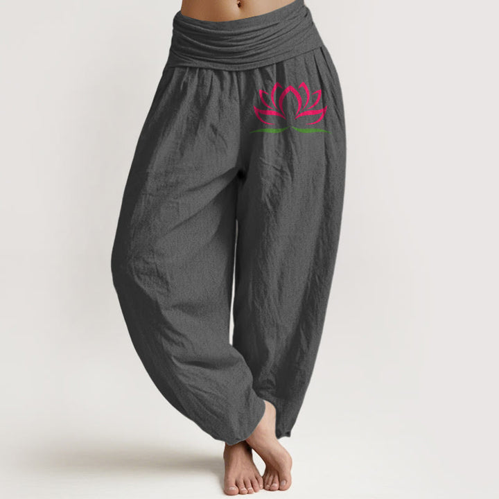 Buddha Stones Schlichtes Design Rosa Lotusmuster Reine Baumwolle Damen Haremshose mit elastischer Taille - Grau - US22， UK/AU26，EU54 (6XL) - image 8
