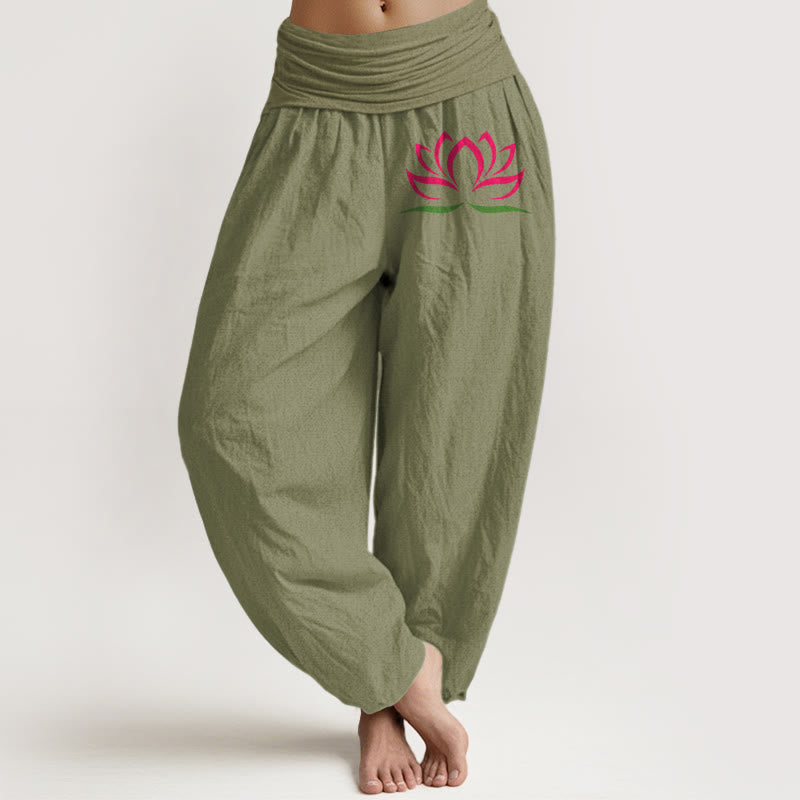 Buddha Stones Schlichtes Design Rosa Lotusmuster Reine Baumwolle Damen Haremshose mit elastischer Taille - Olivgrün - US22， UK/AU26，EU54 (6XL) - image 14
