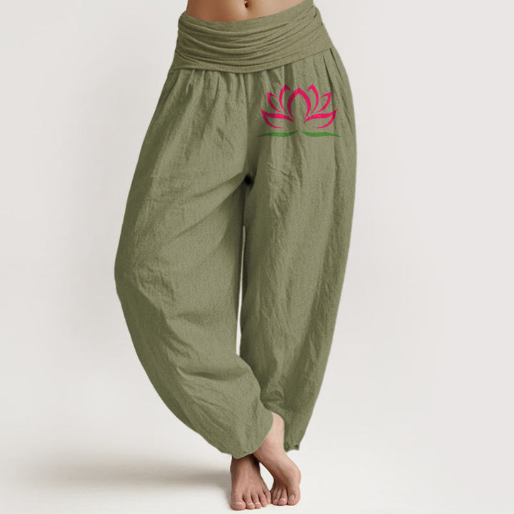 Buddha Stones Schlichtes Design Rosa Lotusmuster Reine Baumwolle Damen Haremshose mit elastischer Taille - Olivgrün - US22， UK/AU26，EU54 (6XL) - image 14