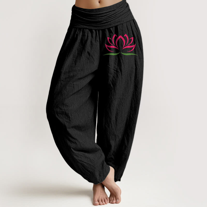Buddha Stones Schlichtes Design Rosa Lotusmuster Reine Baumwolle Damen Haremshose mit elastischer Taille - Schwarz - US22， UK/AU26，EU54 (6XL) - image 0