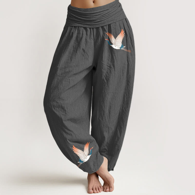 Buddha Stones, zwei anmutige Kraniche, Muster aus reiner Baumwolle, Damen-Haremshose mit elastischer Taille - Grau - US22， UK/AU26，EU54 (6XL) - image 8