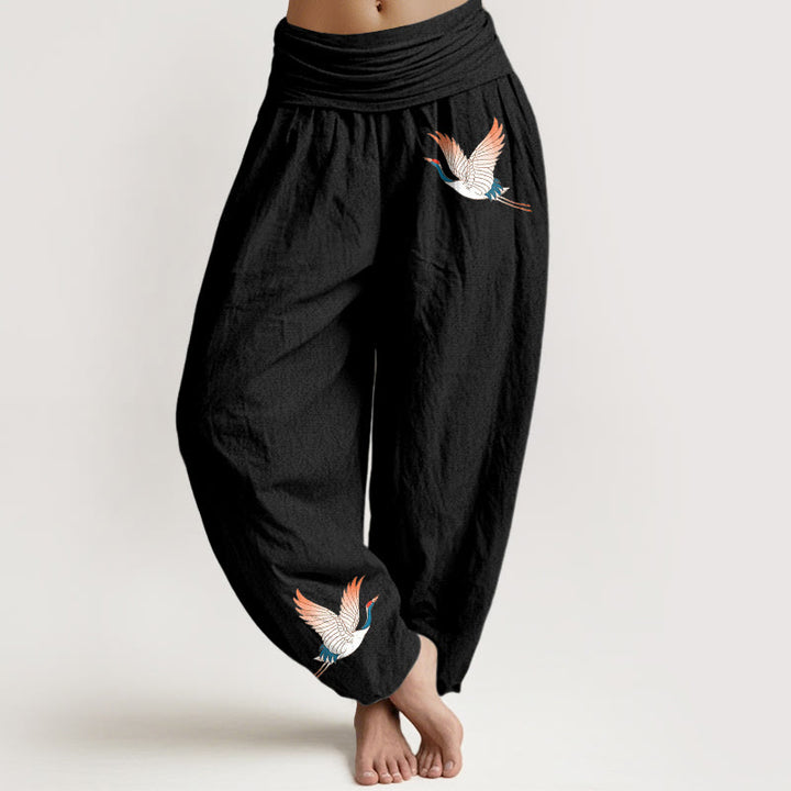 Buddha Stones, zwei anmutige Kraniche, Muster aus reiner Baumwolle, Damen-Haremshose mit elastischer Taille - Schwarz - US22， UK/AU26，EU54 (6XL) - image 0