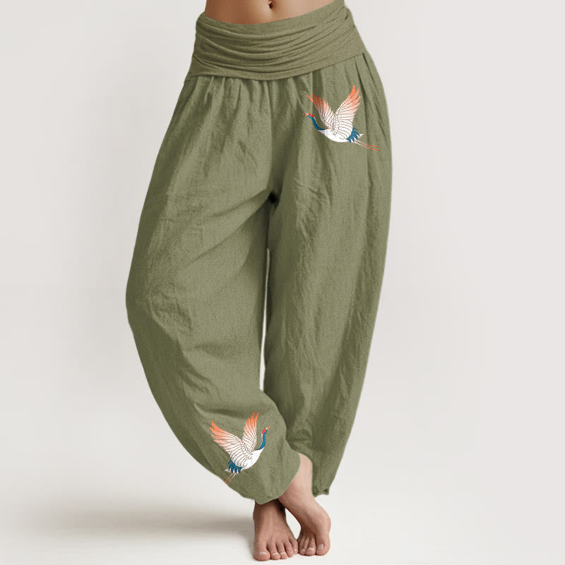 Buddha Stones, zwei anmutige Kraniche, Muster aus reiner Baumwolle, Damen-Haremshose mit elastischer Taille - Olivgrün - US22， UK/AU26，EU54 (6XL) - image 14