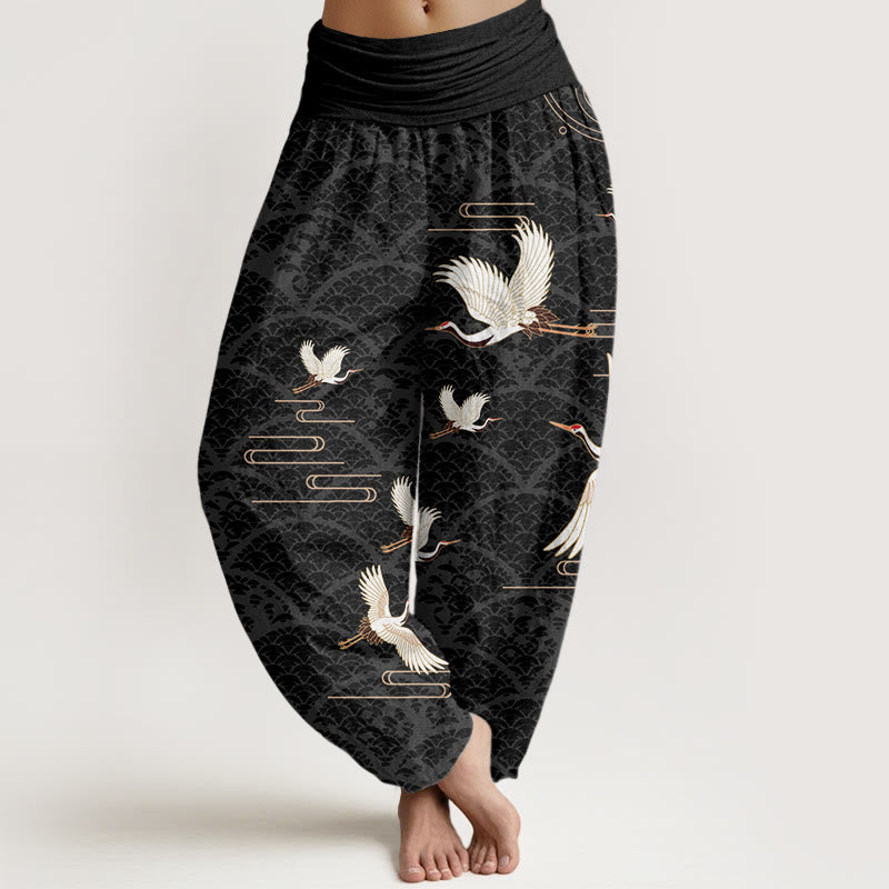 Haremshose aus reiner Baumwolle mit Buddha Stones -Druck und Wellenmuster für Damen mit elastischer Taille - Schwarz - US22， UK/AU26，EU54 (6XL) - image 0