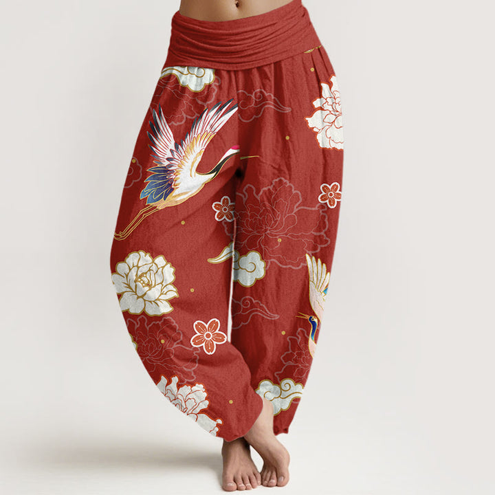 Buddha Stones -Druck, Kraniche, Pfingstrosen-Muster, Haremshose aus reiner Baumwolle für Damen mit elastischer Taille - Schamottestein - US22， UK/AU26，EU54 (6XL) - image 5