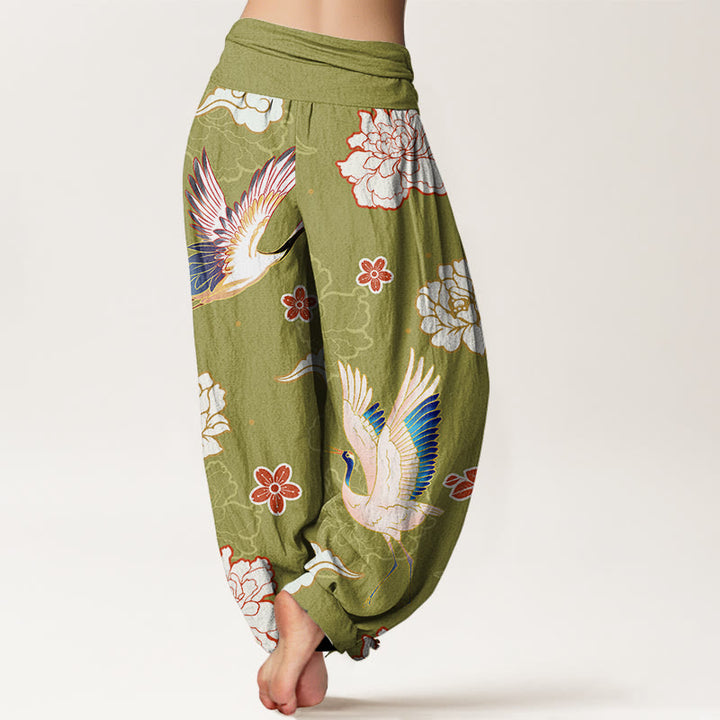 Buddha Stones -Druck, Kraniche, Pfingstrosen-Muster, Haremshose aus reiner Baumwolle für Damen mit elastischer Taille - image 10