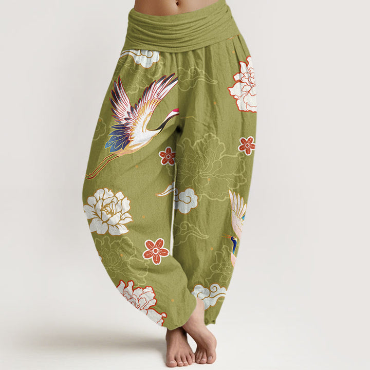 Buddha Stones -Druck, Kraniche, Pfingstrosen-Muster, Haremshose aus reiner Baumwolle für Damen mit elastischer Taille - GelbGrün - US22， UK/AU26，EU54 (6XL) - image 8