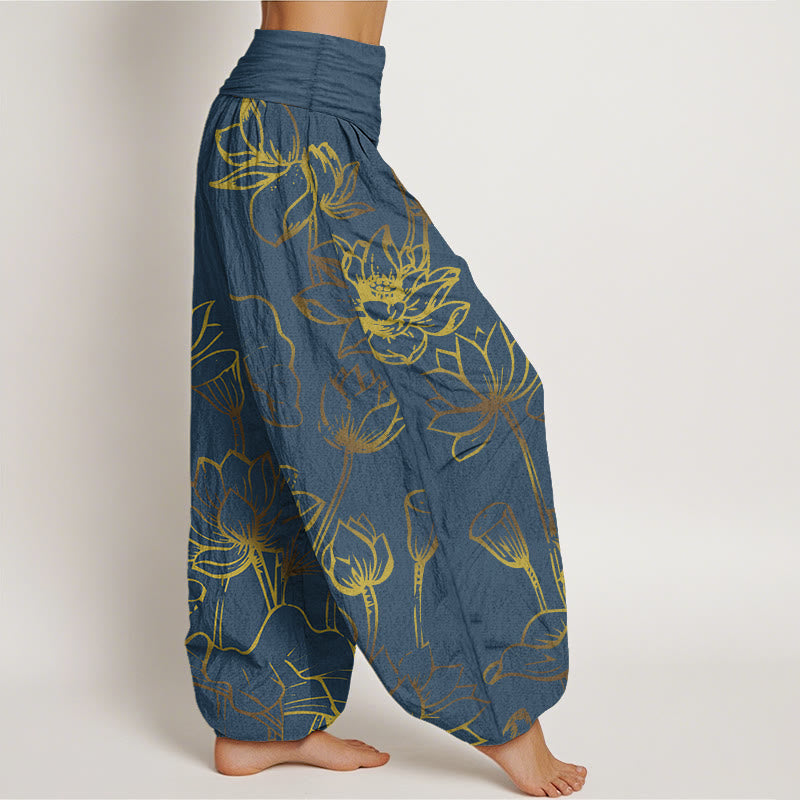 Haremshose aus Baumwolle mit Buddha Stones -Druck und Lotusblumen-Blätter-Muster für Damen mit elastischer Taille - image 1