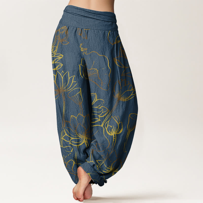 Haremshose aus Baumwolle mit Buddha Stones -Druck und Lotusblumen-Blätter-Muster für Damen mit elastischer Taille - image 2