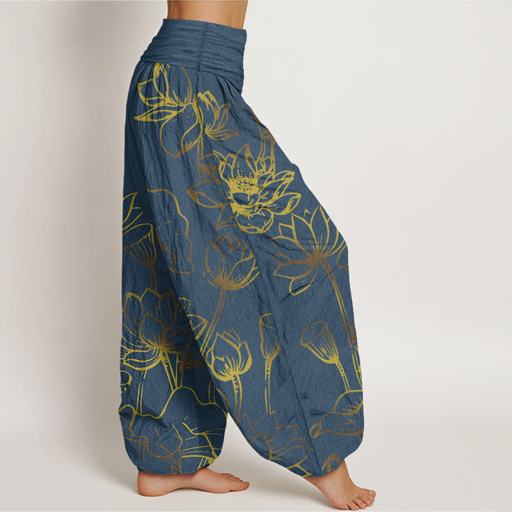 Haremshose aus Baumwolle mit Buddha Stones -Druck und Lotusblumen-Blätter-Muster für Damen mit elastischer Taille - image 1